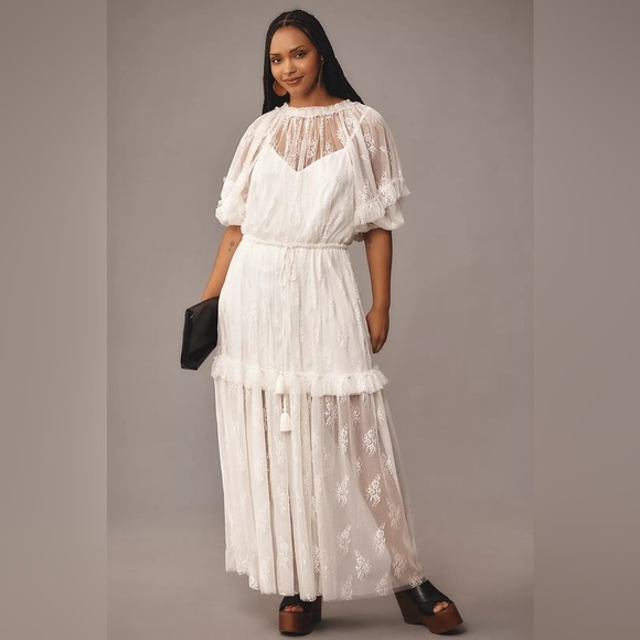 NEW Lace Dress Anthropologie Sheer White Let Me Be Short Sleeve Ruffle Maxi - Picture 5 of 11